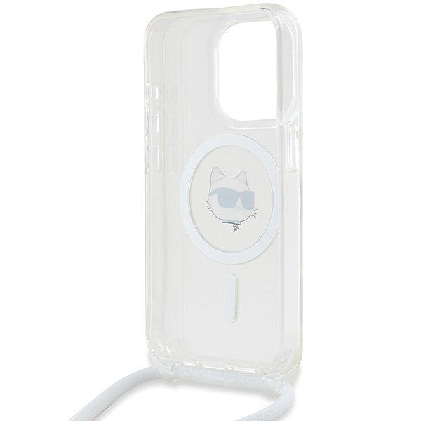 Husa MagSafe pentru Apple iPhone 15 Pro Max, Karl Lagerfeld, IML Crossbody Choupette's Head with Strap, Transparenta
