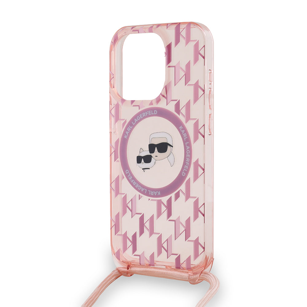 Husa MagSafe pentru Apple iPhone 15 Pro Max, Karl Lagerfeld, IML Crossbody Monogram Karl & Choupette's Heads, Roz