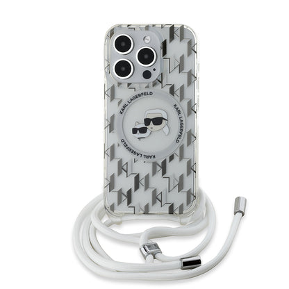 Husa MagSafe pentru Apple iPhone 15 Pro Max, Karl Lagerfeld, IML Crossbody Monogram Karl & Choupette's Heads, Transparenta