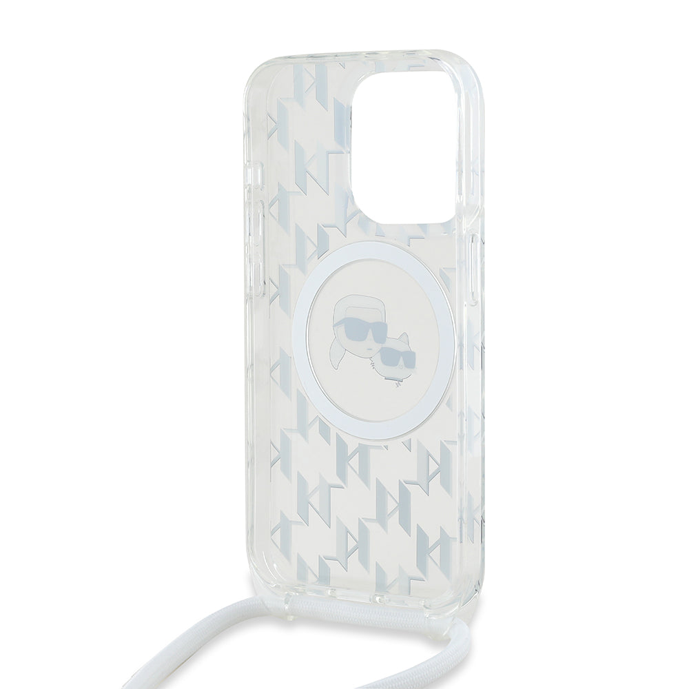 Husa MagSafe pentru Apple iPhone 15 Pro Max, Karl Lagerfeld, IML Crossbody Monogram Karl & Choupette's Heads, Transparenta