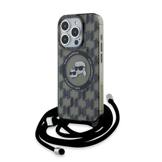 Husa MagSafe pentru Apple iPhone 15 Pro Max, Karl Lagerfeld, IML Crossbody Monogram Karl & Choupette's Heads, Neagra