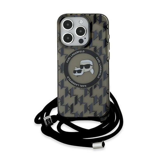 Husa MagSafe pentru Apple iPhone 15 Pro Max, Karl Lagerfeld, IML Crossbody Monogram Karl & Choupette's Heads, Neagra