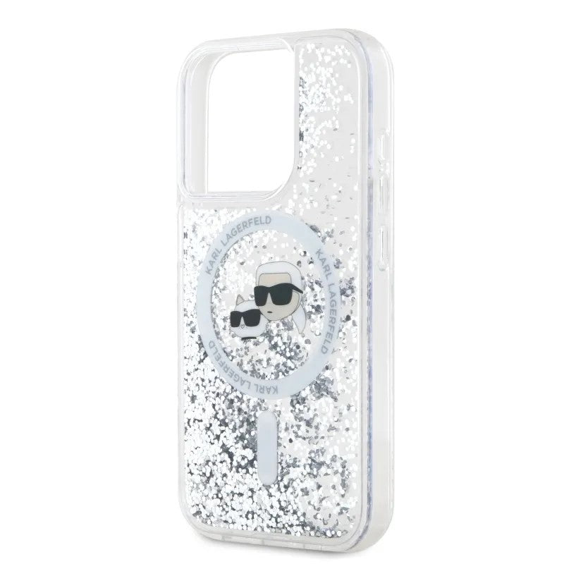 Husa MagSafe pentru Apple iPhone 15 Pro Max, Karl Lagerfeld, Liquid Glitter Karl & Choupette's Heads, Transparenta