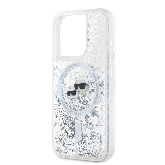 Husa MagSafe pentru Apple iPhone 15 Pro Max, Karl Lagerfeld, Liquid Glitter Karl & Choupette's Heads, Transparenta