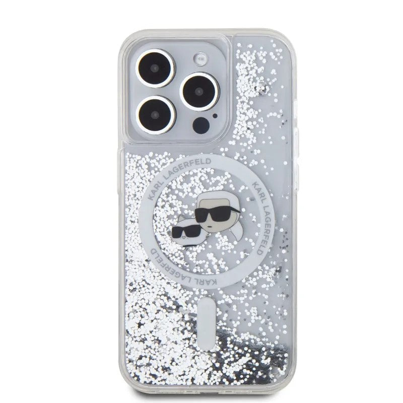 Husa MagSafe pentru Apple iPhone 15 Pro Max, Karl Lagerfeld, Liquid Glitter Karl & Choupette's Heads, Transparenta