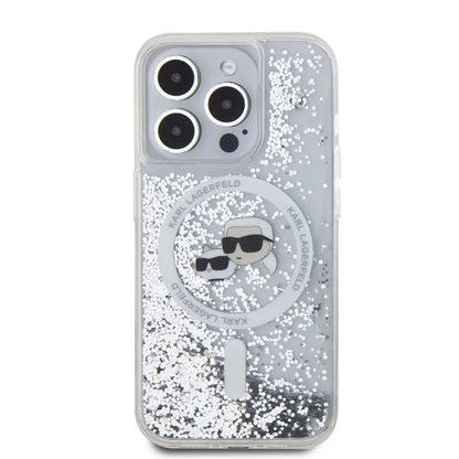 Husa MagSafe pentru Apple iPhone 15 Pro Max, Karl Lagerfeld, Liquid Glitter Karl & Choupette's Heads, Transparenta