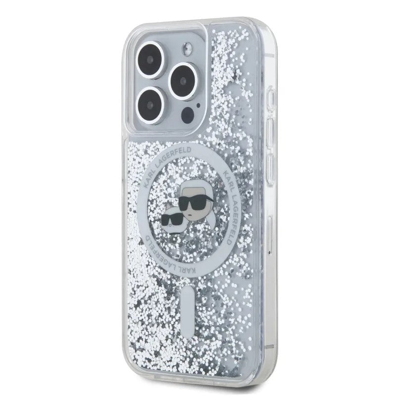 Husa MagSafe pentru Apple iPhone 15 Pro Max, Karl Lagerfeld, Liquid Glitter Karl & Choupette's Heads, Transparenta