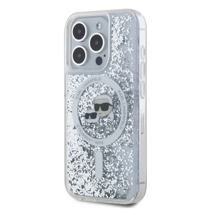 Husa MagSafe pentru Apple iPhone 15 Pro Max, Karl Lagerfeld, Liquid Glitter Karl & Choupette's Heads, Transparenta