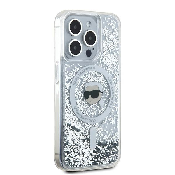 Husa MagSafe pentru Apple iPhone 15 Pro Max, Karl Lagerfeld, Liquid Glitter Karl's Head, Transparenta