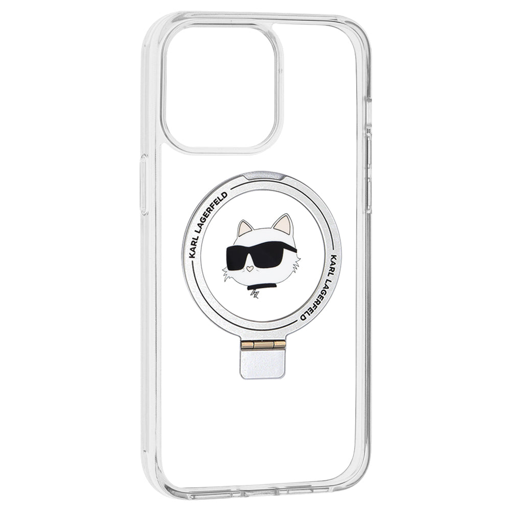 Husa MagSafe pentru Apple iPhone 15 Pro Max, Karl Lagerfeld, Ring Stand Choupette's Head, Alba