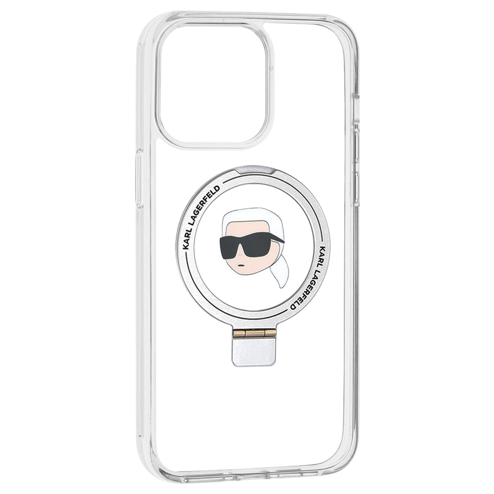 Husa MagSafe pentru Apple iPhone 15 Pro Max, Karl Lagerfeld, Ring Stand Karl's Head, Alba