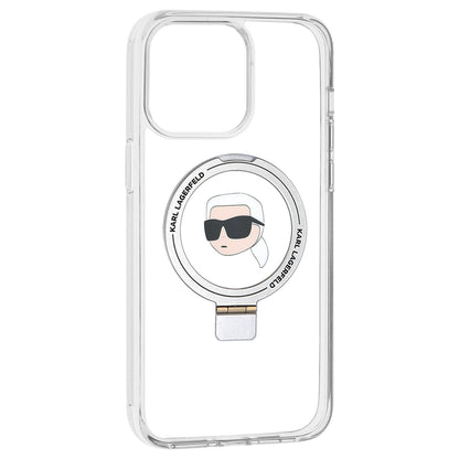 Husa MagSafe pentru Apple iPhone 15 Pro Max, Karl Lagerfeld, Ring Stand Karl's Head, Alba