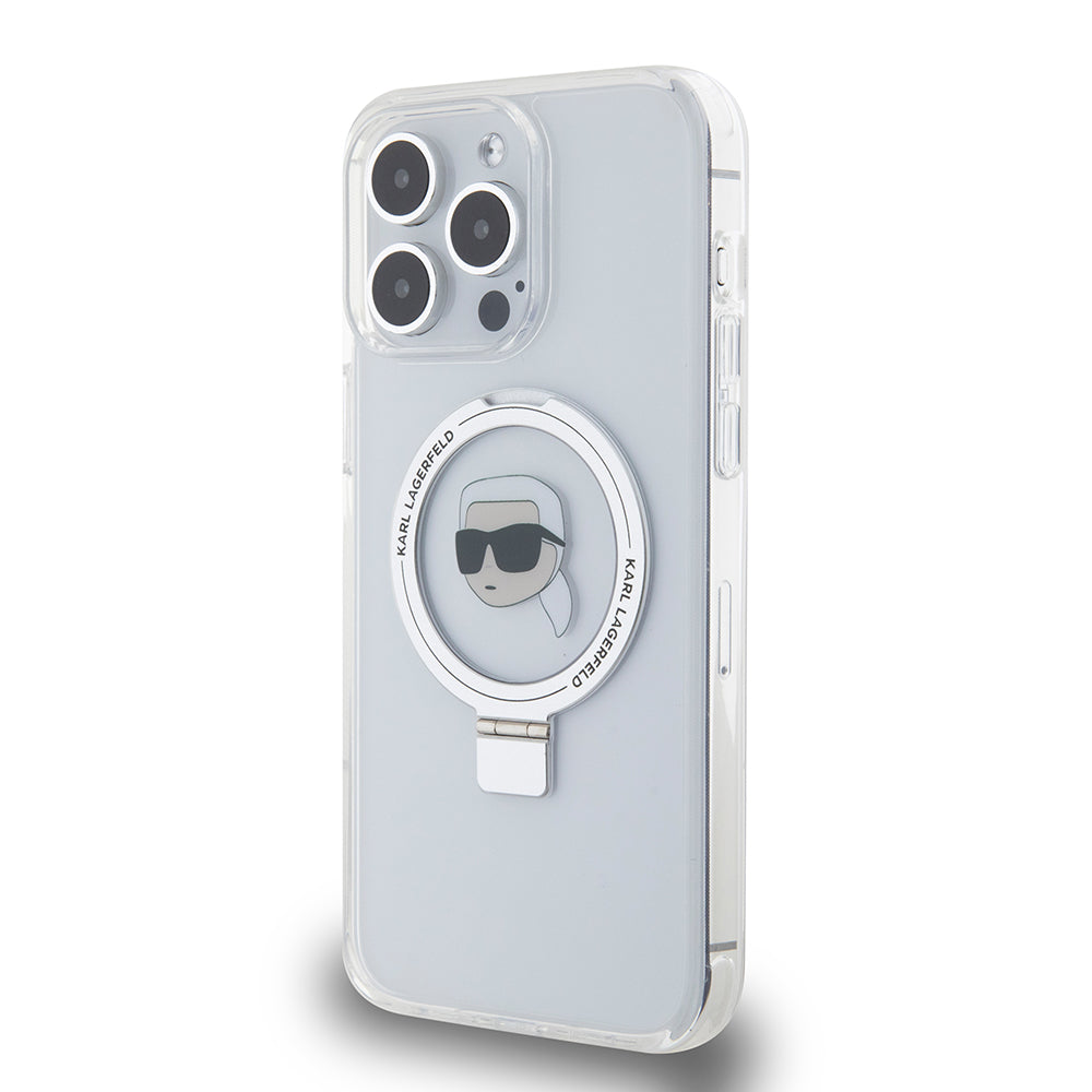 Husa MagSafe pentru Apple iPhone 15 Pro Max, Karl Lagerfeld, Ring Stand Karl's Head, Alba