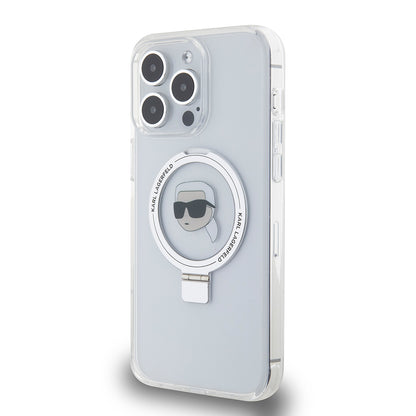 Husa MagSafe pentru Apple iPhone 15 Pro Max, Karl Lagerfeld, Ring Stand Karl's Head, Alba