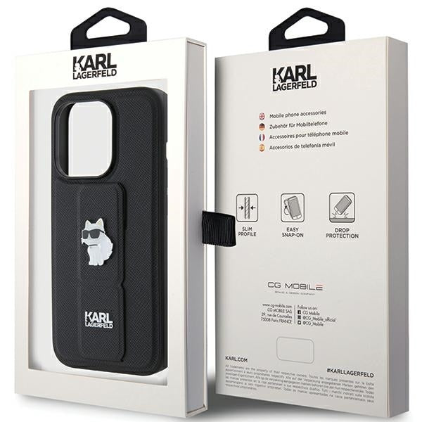Husa MagSafe pentru Apple iPhone 15 Pro Max, Karl Lagerfeld, Saffiano Gripstand Choupette, Neagra
