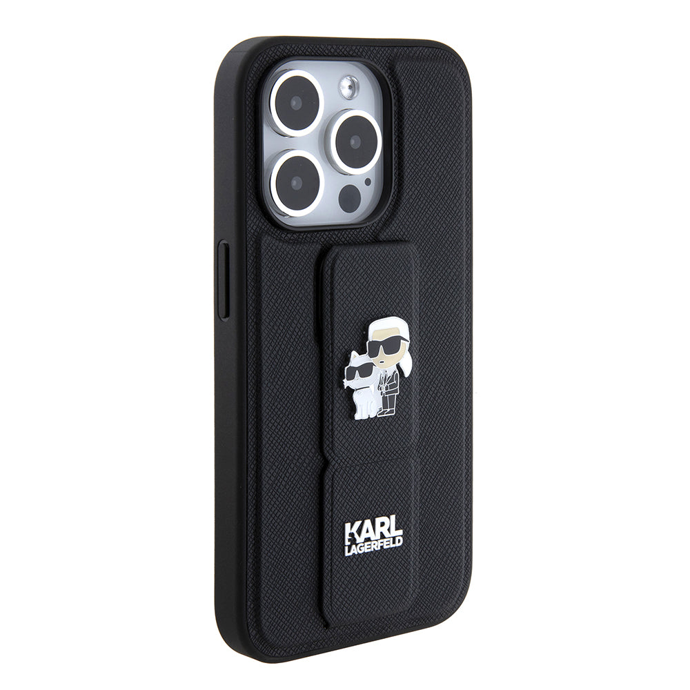Husa MagSafe pentru Apple iPhone 15 Pro Max, Karl Lagerfeld, Saffiano Gripstand Karl & Choupette, Neagra