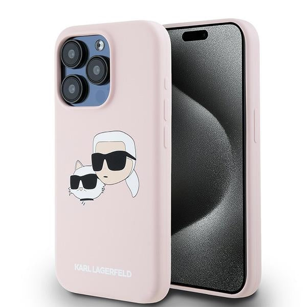 Husa MagSafe pentru Apple iPhone 15 Pro Max, Karl Lagerfeld, Silicone Karl & Choupette, Roz