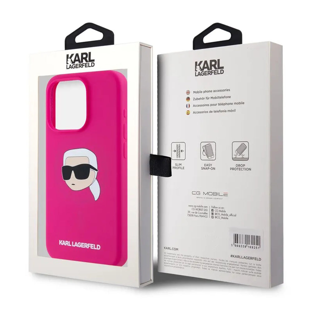Husa MagSafe pentru Apple iPhone 15 Pro Max, Karl Lagerfeld, Silicone Karl's Head, Fucsia