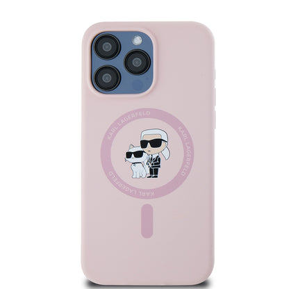 Husa MagSafe pentru Apple iPhone 15 Pro Max, Karl Lagerfeld, Silicone Ring Karl & Choupette, Roz