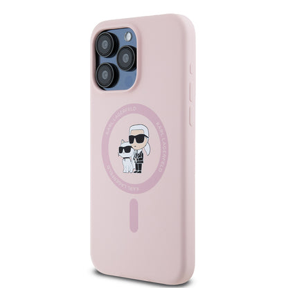 Husa MagSafe pentru Apple iPhone 15 Pro Max, Karl Lagerfeld, Silicone Ring Karl & Choupette, Roz