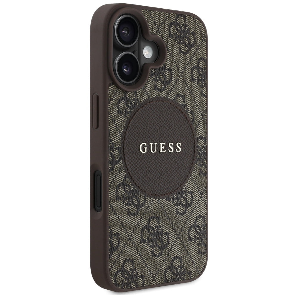 Husa MagSafe pentru Apple iPhone 16, Guess, 4G Circle Classic Logo, Maro