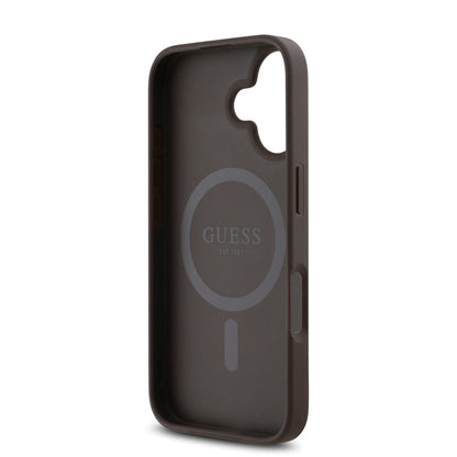 Husa MagSafe pentru Apple iPhone 16, Guess, 4G Classic, Maro