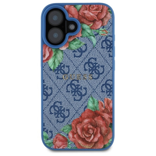 Husa MagSafe pentru Apple iPhone 16, Guess, 4G Flowers Print, Albastra
