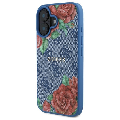 Husa MagSafe pentru Apple iPhone 16, Guess, 4G Flowers Print, Albastra