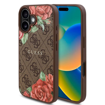 Husa MagSafe pentru Apple iPhone 16, Guess, 4G Flowers Print, Maro