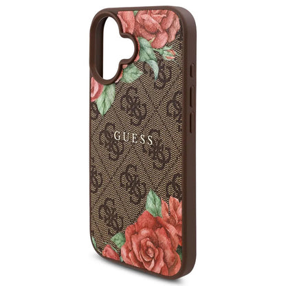 Husa MagSafe pentru Apple iPhone 16, Guess, 4G Flowers Print, Maro