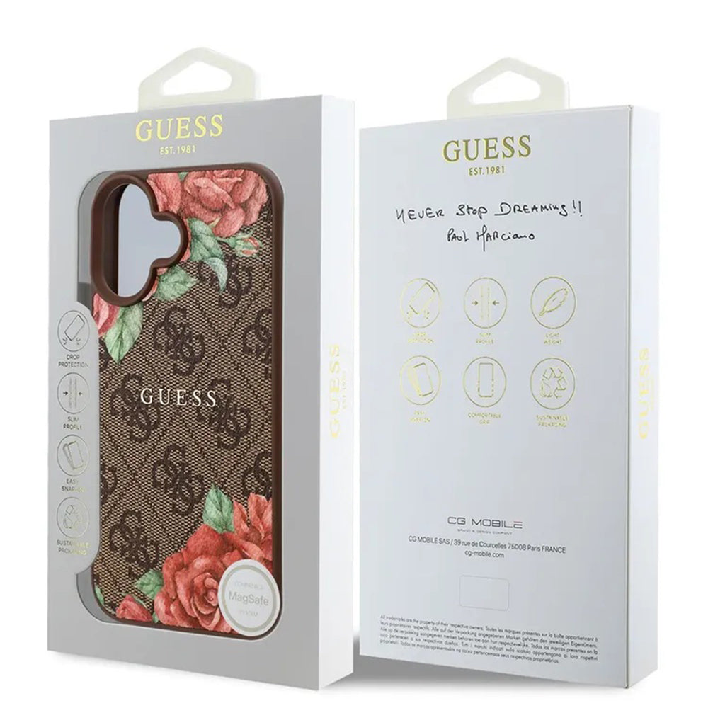 Husa MagSafe pentru Apple iPhone 16, Guess, 4G Flowers Print, Maro