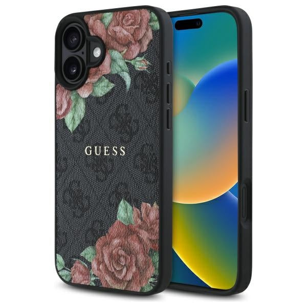 Husa MagSafe pentru Apple iPhone 16, Guess, 4G Flowers Print, Neagra