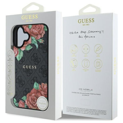 Husa MagSafe pentru Apple iPhone 16, Guess, 4G Flowers Print, Neagra
