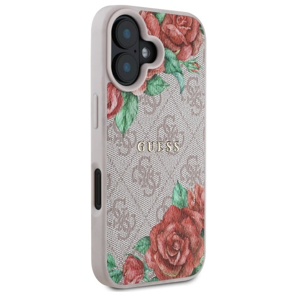 Husa MagSafe pentru Apple iPhone 16, Guess, 4G Flowers Print, Roz