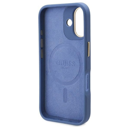 Husa MagSafe pentru Apple iPhone 16, Guess, 4G Logo Plate, Albastra