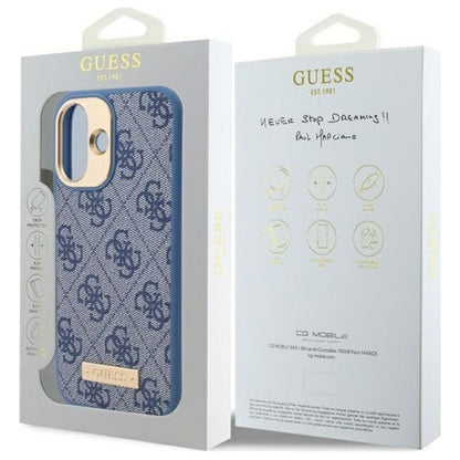 Husa MagSafe pentru Apple iPhone 16, Guess, 4G Logo Plate, Albastra