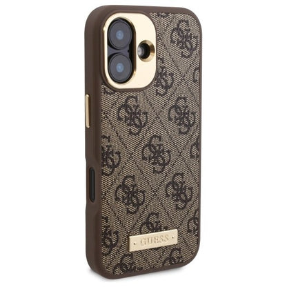 Husa MagSafe pentru Apple iPhone 16, Guess, 4G Logo Plate, Maro