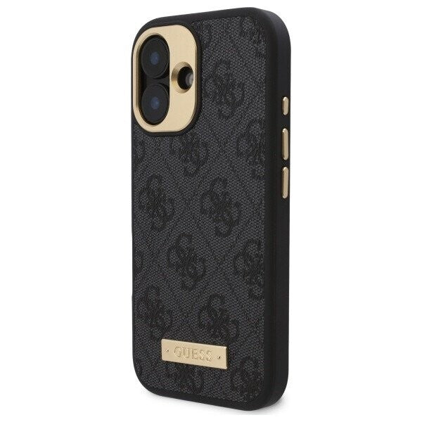 Husa MagSafe pentru Apple iPhone 16, Guess, 4G Logo Plate, Neagra