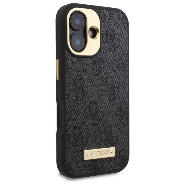 Husa MagSafe pentru Apple iPhone 16, Guess, 4G Logo Plate, Neagra