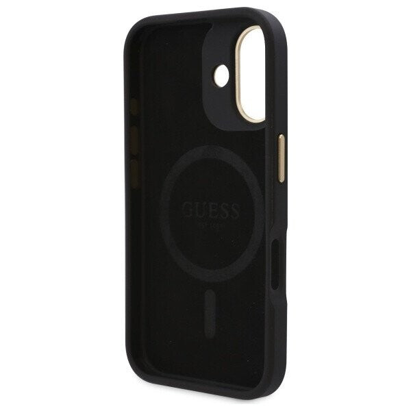 Husa MagSafe pentru Apple iPhone 16, Guess, 4G Logo Plate, Neagra