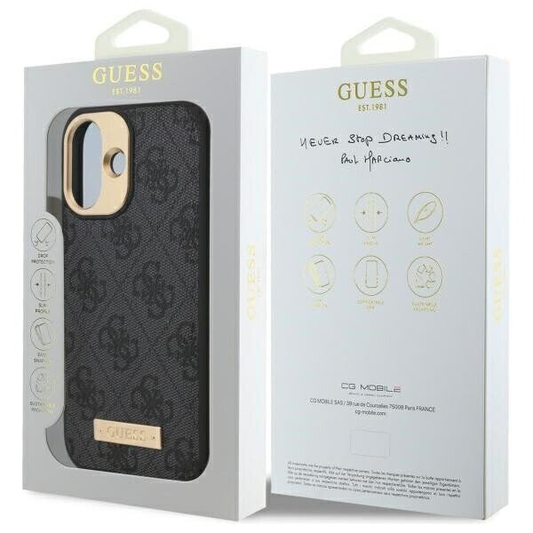 Husa MagSafe pentru Apple iPhone 16, Guess, 4G Logo Plate, Neagra