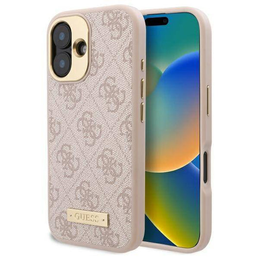 Husa MagSafe pentru Apple iPhone 16, Guess, 4G Logo Plate, Roz