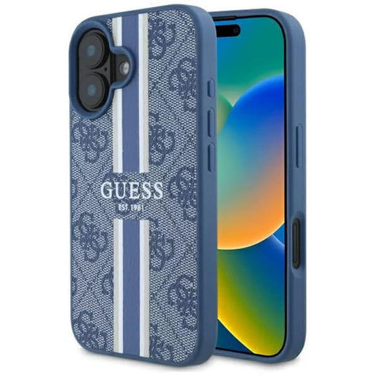 Husa MagSafe pentru Apple iPhone 16, Guess, 4G Printed Stripes, Albastra