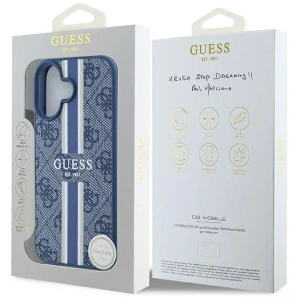 Husa MagSafe pentru Apple iPhone 16, Guess, 4G Printed Stripes, Albastra