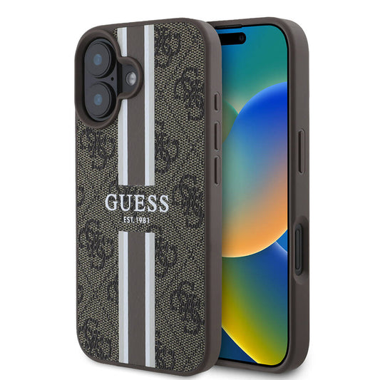Husa MagSafe pentru Apple iPhone 16, Guess, 4G Printed Stripes, Maro