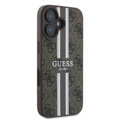 Husa MagSafe pentru Apple iPhone 16, Guess, 4G Printed Stripes, Maro