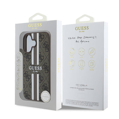 Husa MagSafe pentru Apple iPhone 16, Guess, 4G Printed Stripes, Maro