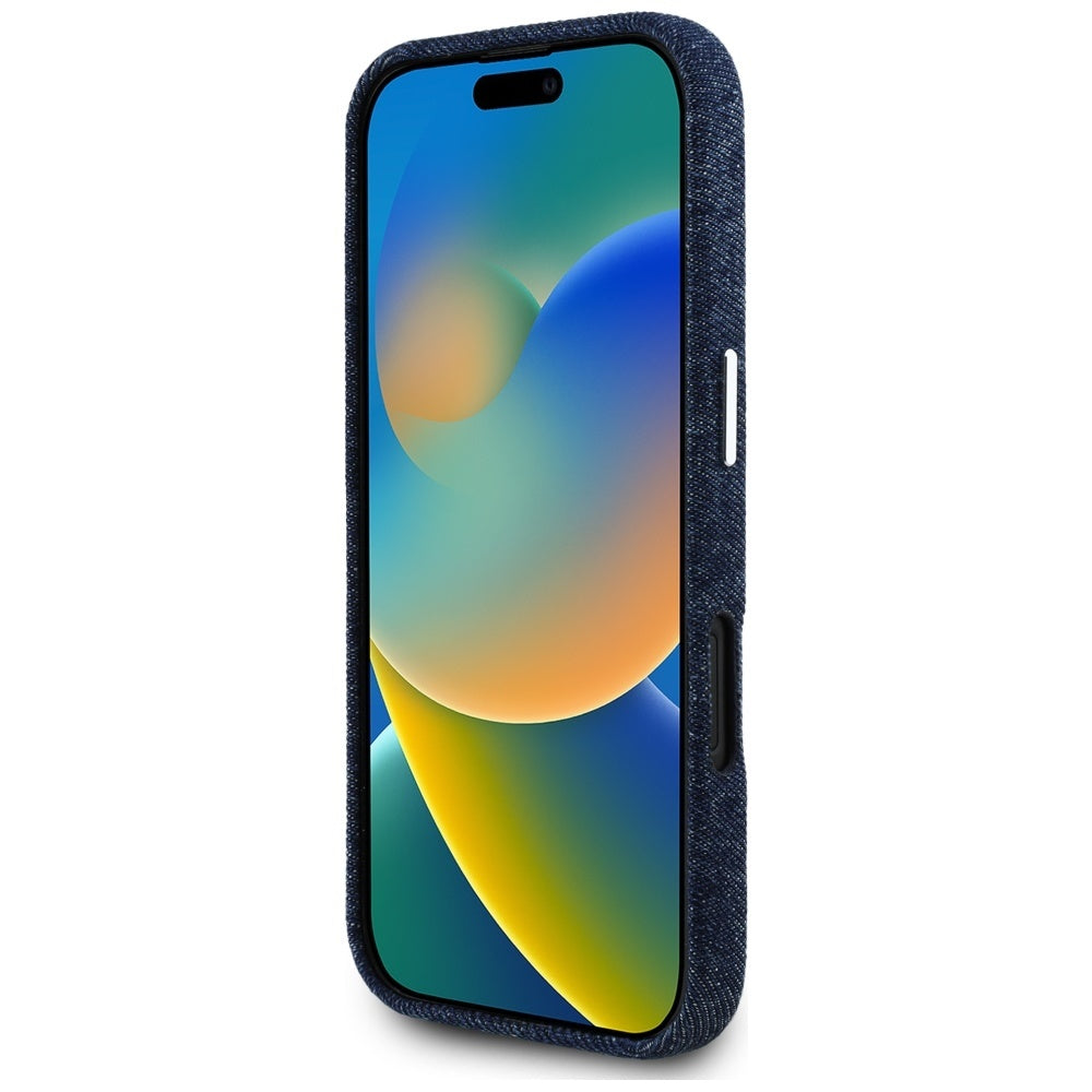 Husa MagSafe pentru Apple iPhone 16, Guess, Denim Triangle Logo, Albastra