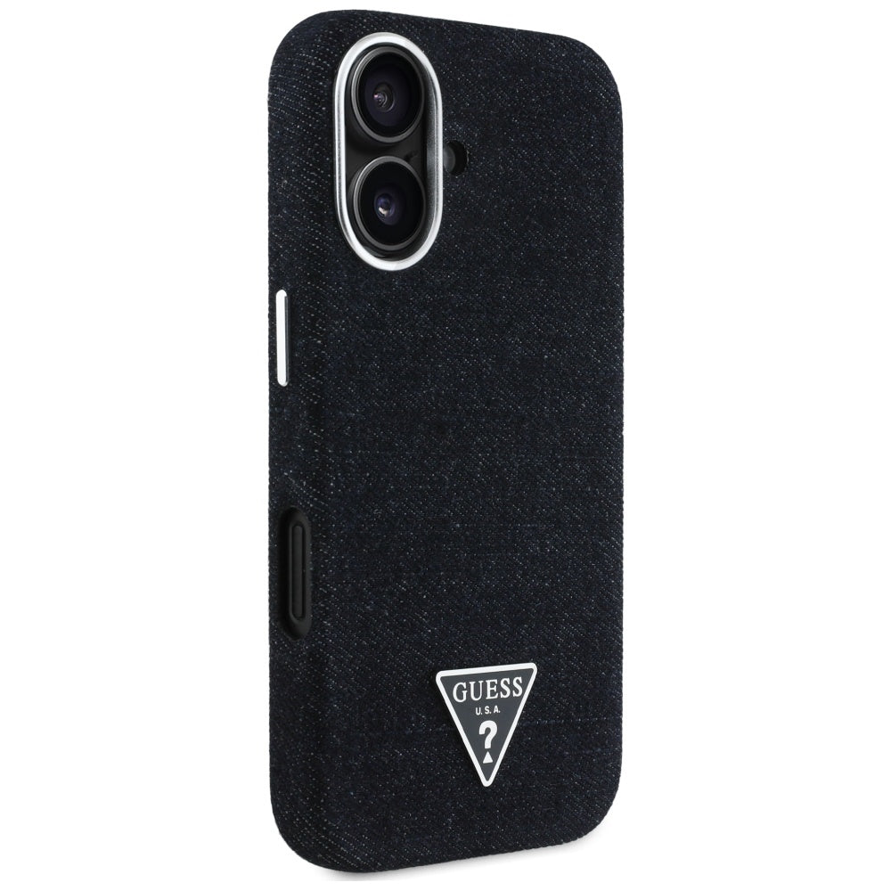 Husa MagSafe pentru Apple iPhone 16, Guess, Denim Triangle Logo, Neagra