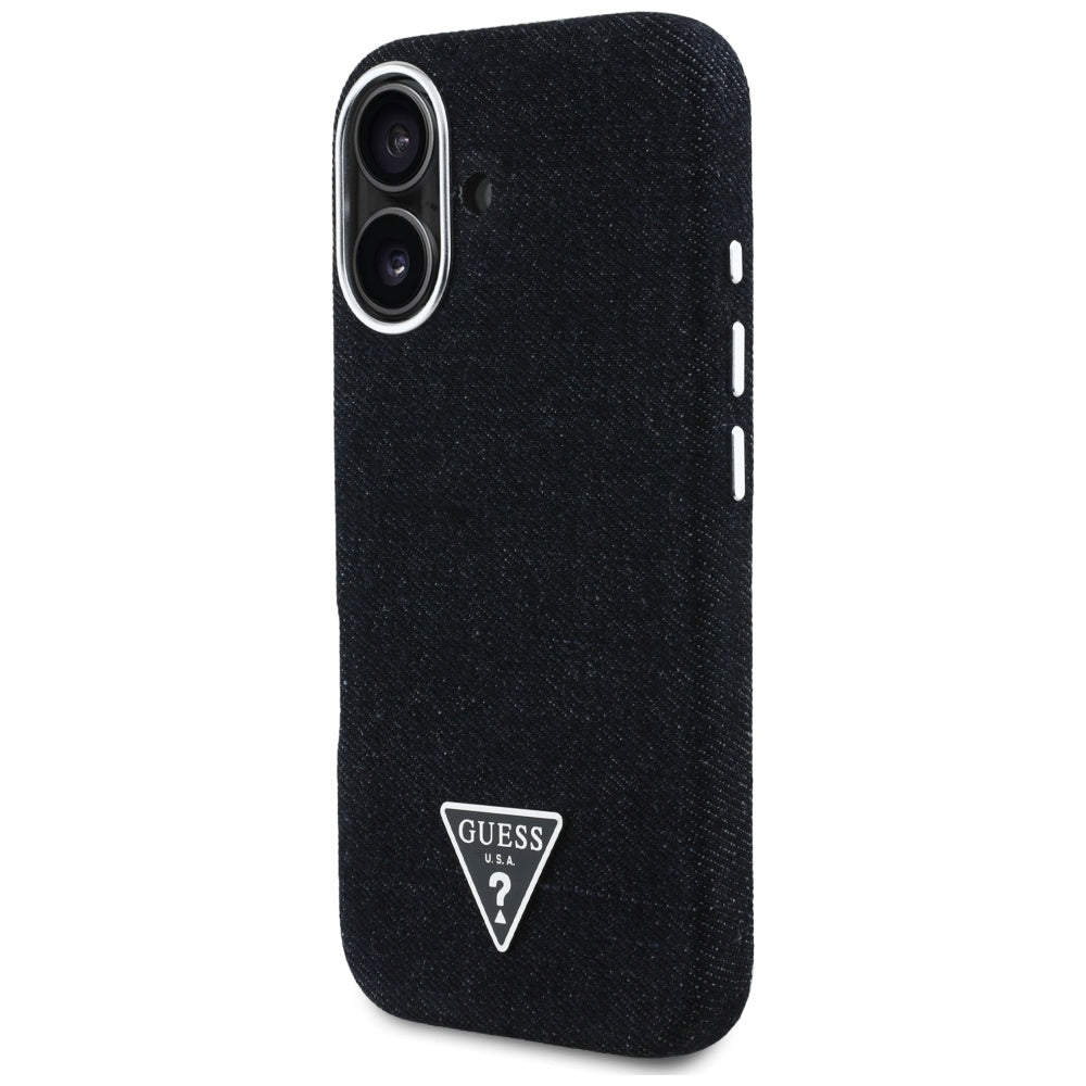 Husa MagSafe pentru Apple iPhone 16, Guess, Denim Triangle Logo, Neagra